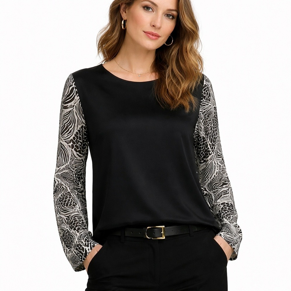 Diane Von Furstenberg Women Silk Blouse Black White Mixed Print Long Sleeve 12